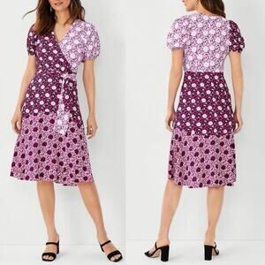 Ann Taylor NWT Mixed Floral Faux Wrap Midi Dress Puff Slv Cottagecore Sz 4P $189